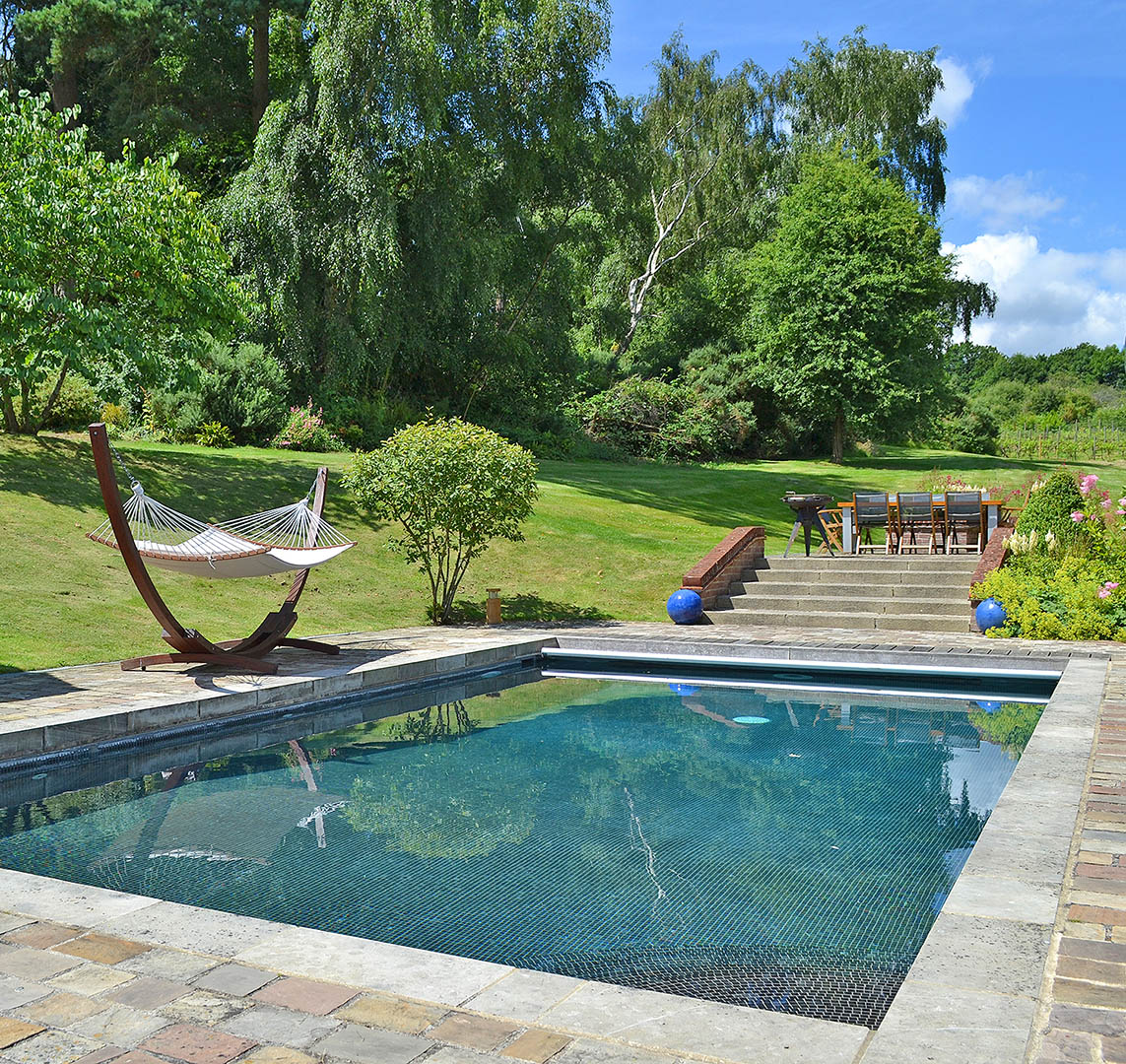 Swimming pool with hammock and woodland in the background